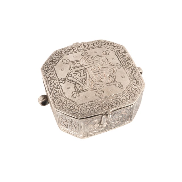 Metal Antique Persian Arab Islamic Silver Engraved Calligraphy Quran Case Amulet 1820 For Sale - Image 7 of 10