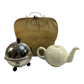 Vintage Rare Dutch Tea Brocade Carriage Caddy a Teapot & Metal Footed Cozy - 3 Pc Set For Sale