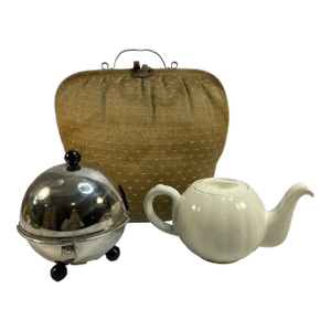 Vintage Rare Dutch Tea Brocade Carriage Caddy a Teapot & Metal Footed Cozy - 3 Pc Set