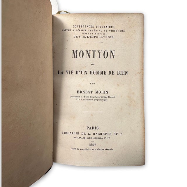 Traditional French Montyon - The Life of a Good Man, Marbled, Binding, Gilt Fleur-De-Lis Spine, Published 1867 For Sale - Image 3 of 9