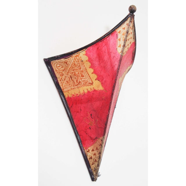 Moroccan Vintage Moroccan Berber Hand-Painted Red Hide & Iron Wall Sconce Shade, 1980s For Sale - Image 3 of 10