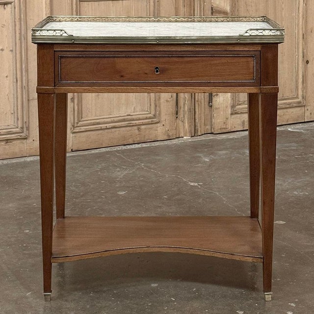 French Antique French Louis XVI Rectangular Mahogany Side Table With Carrara Marble Top and Brass Gallery For Sale - Image 3 of 15