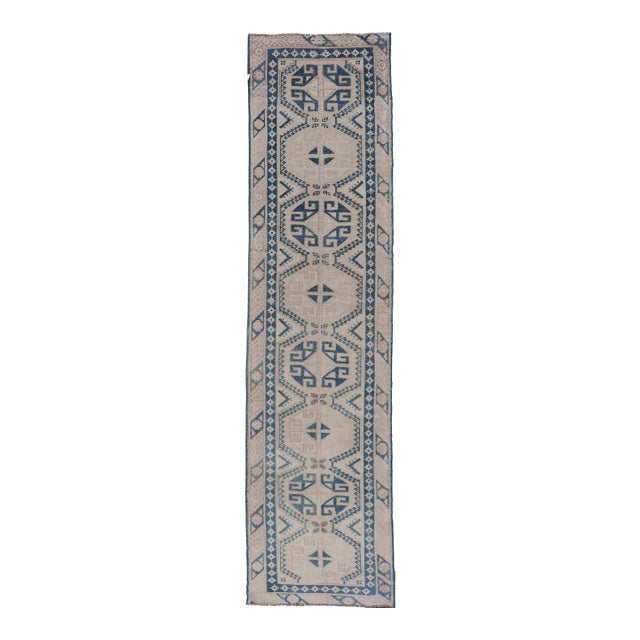 Vintage Oushak Turkish Runner With Geometric Design in Navy Blue 2'5 X 9'8 For Sale