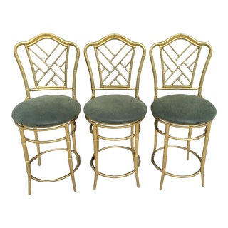 Vintage Chinese Chippendale Metal Faux Bamboo Swivel Barstools For Sale
