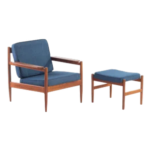 Lounge Chair and Ottoman Attributed to Arne Vodder in Teak with New Blue Knit Upholstery, circa 1960s