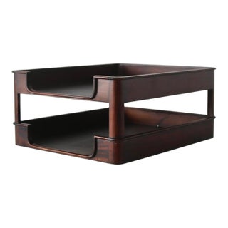 Selamat Designs San Francisco Vintage Mid-Century Modern Dark Wood Desk Organizer Paper Tray For Sale