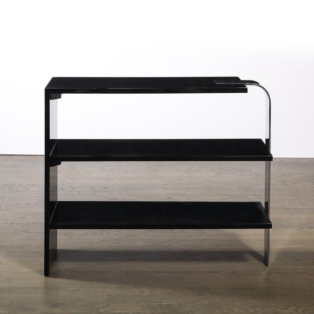 Black Art Deco Streamlined 3-Tier End Table/Bookcase in Black Lacquer W/ Curved Chrome For Sale - Image 8 of 12