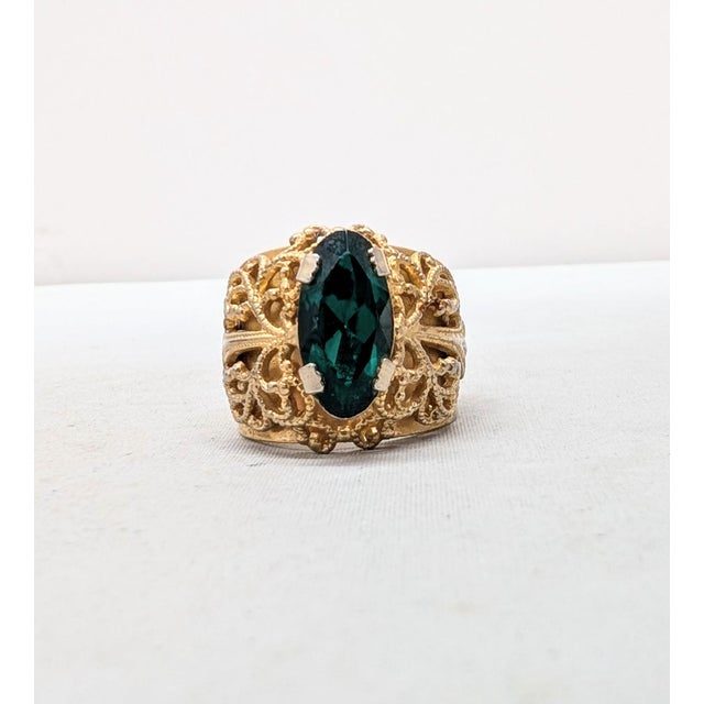 Vintage 1960s Signed Napier Goldtone Oval Faux-Emerald Adjustable Ring For Sale In Philadelphia - Image 6 of 12