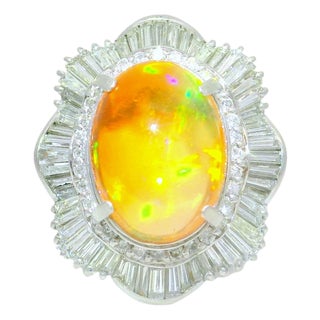 7.41 Carat Mexican Fire Opal Diamond Platinum Double Halo Ring, Size 6 For Sale