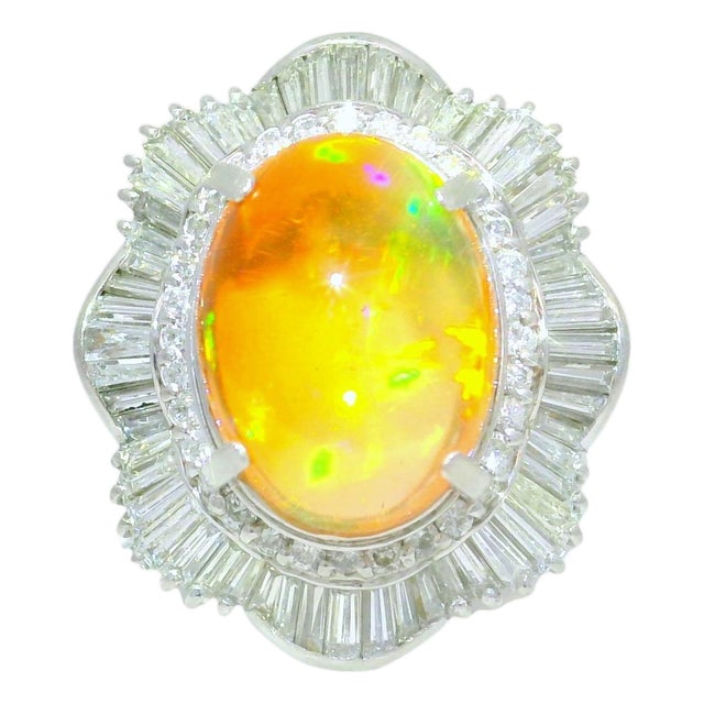 7.41 Carat Mexican Fire Opal Diamond Platinum Double Halo Ring, Size 6 For Sale