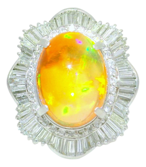 7.41 Carat Mexican Fire Opal Diamond Platinum Double Halo Ring, Size 6