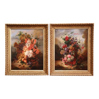 Pair of 19th C. French Floral Still Life Oil Paintings in Carved Giltwood Frames For Sale