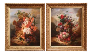 Pair of 19th C. French Floral Still Life Oil Paintings in Carved Giltwood Frames