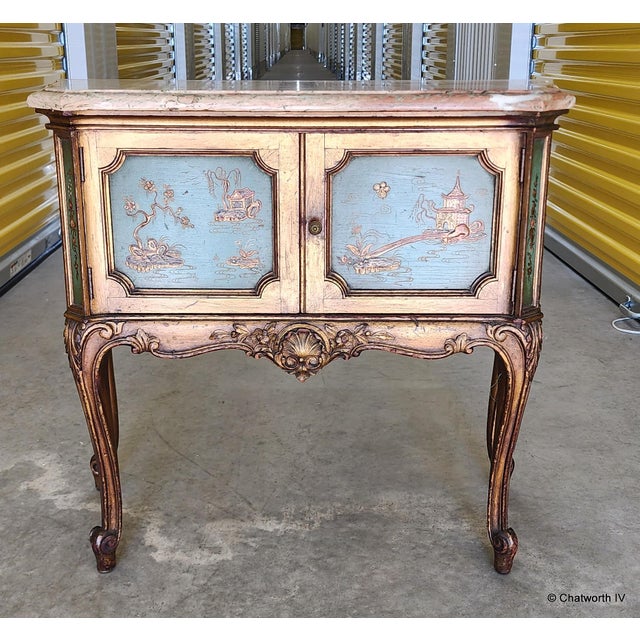 Antique 1920s Petite Marble Top Italian Rococo Chinoiserie Style Painted Commode Cabinet For Sale - Image 12 of 13