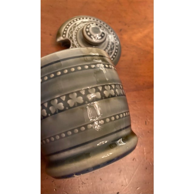 Cerulean Vintage Irish Blue Green Porcelain Covered Round Honey Pot, Jam or Mustard Jar With Shamrock & Dot Detailing For Sale - Image 8 of 11