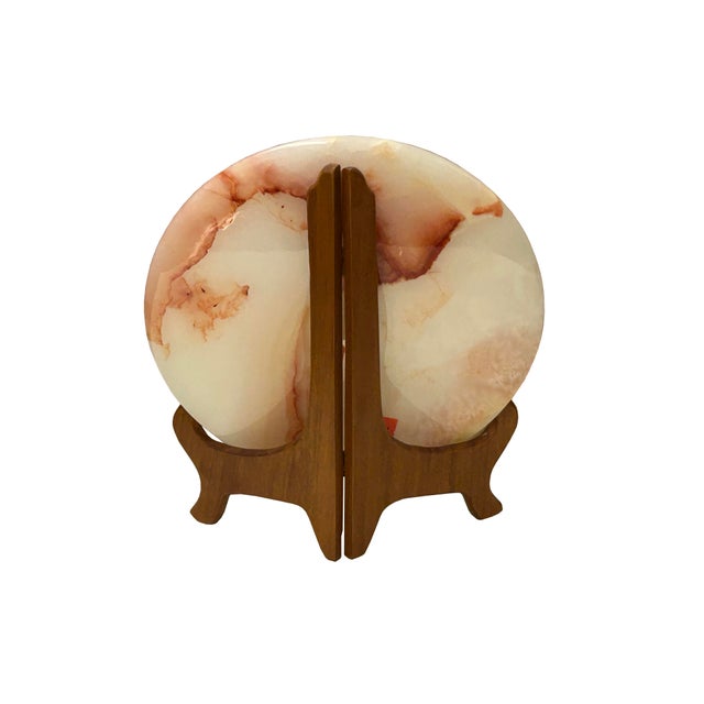 White 9.75" Natural White Brown Onyx Stone Round Fengshui Home Decor Display For Sale - Image 8 of 16
