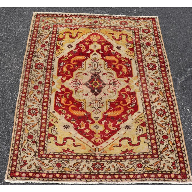 Tribal Early 20th Century Antique Turkish Fine Sivas Rug With Center Medallion in Red, Yellow & Light Green For Sale - Image 3 of 13