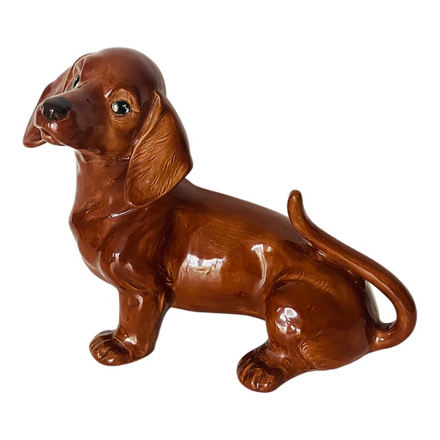 Vintage Cute Dachshund Ceramic Figurine Signed For Sale