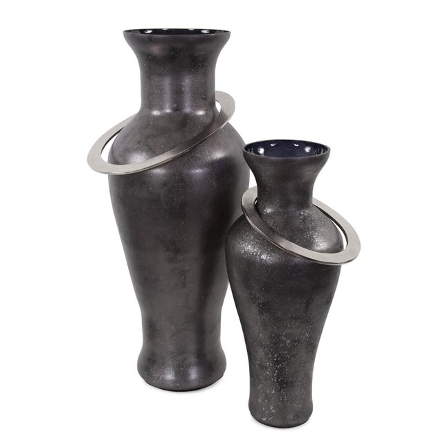 Black Ore Glass Vase with metal accent- Medium For Sale - Image 10 of 11