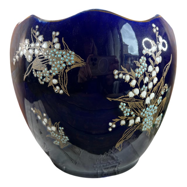 Antique French Cobalt Blue Faience Cache Pot, 1890s For Sale