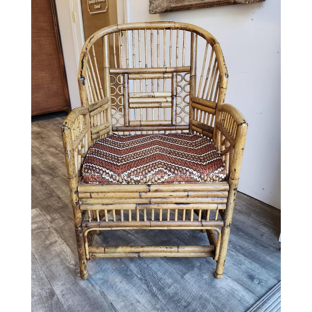 Chinoiserie 1970s Vintage Brighton Pavilion Burnt Bamboo & Rattan Armchair For Sale - Image 3 of 16
