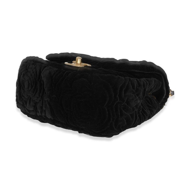 Textile Black Camellia Embossed Velvet Mini Square Flap Bag For Sale - Image 7 of 9