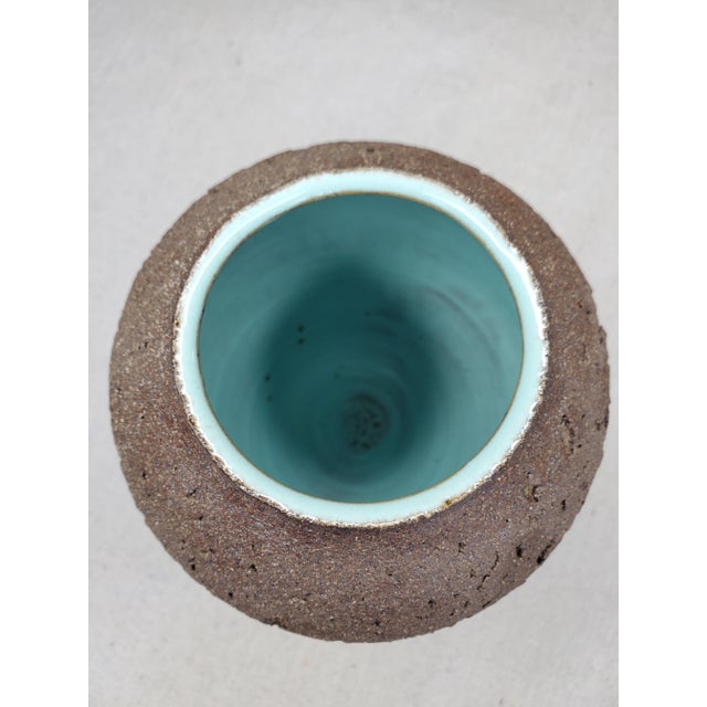 Vinage Mid-Century Studio Pottery Teal and Brown Ceramic Lava Vase For Sale - Image 4 of 6