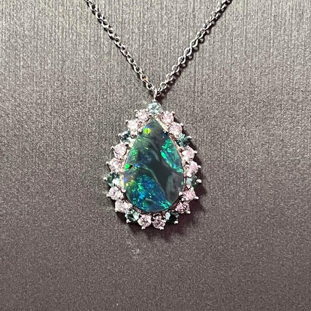 Natural Opal Diamond Pendant W/ Gold Chain 3.25 TCW GIA Certified For Sale - Image 10 of 12
