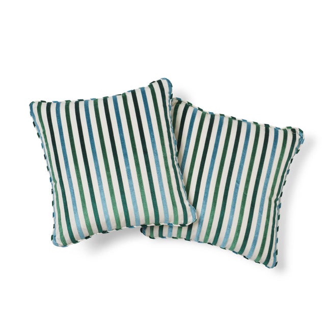 This 16" x 16" pillow features Le Matelot in Peacock. Cut velvet stripes pop on a crisp cotton ground, making this...