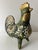 Ceramic rooster, handpainted green "mossy" base with gold and white accents. Very thin black brushstrokes of little fish....