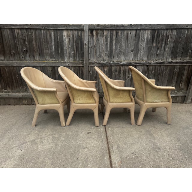 Mid-Century Modern Vintage Budji Layug Style Leather and Rattan Barrel Chairs - Set of 4 For Sale - Image 3 of 10