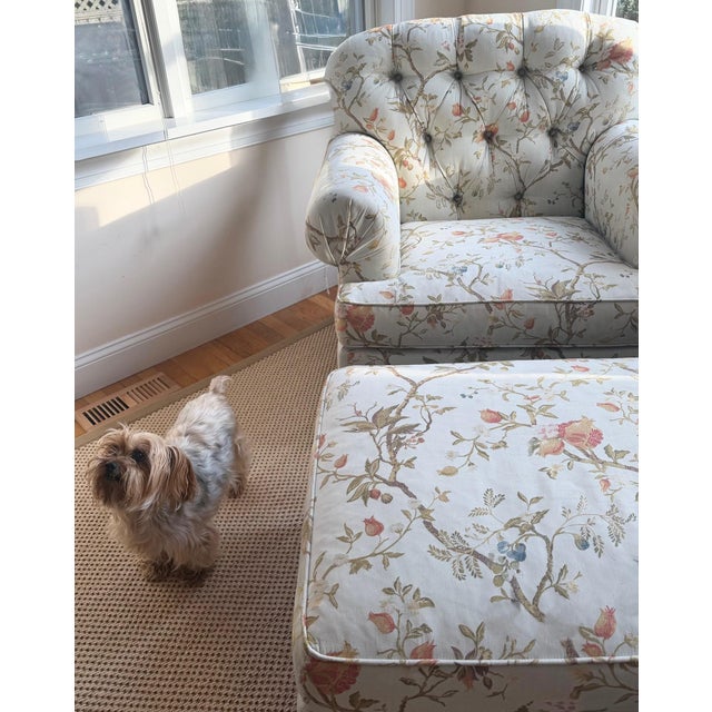 Sky Blue Custom Tufted Scalamandre Sky Blue Floral Lounge Chair and Ottoman Set For Sale - Image 8 of 18