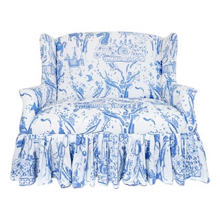 Wingback Ruffle Skirted Settee Upholstered With Palm Orleans Carnival Toile in Seersucker Fabric For Sale