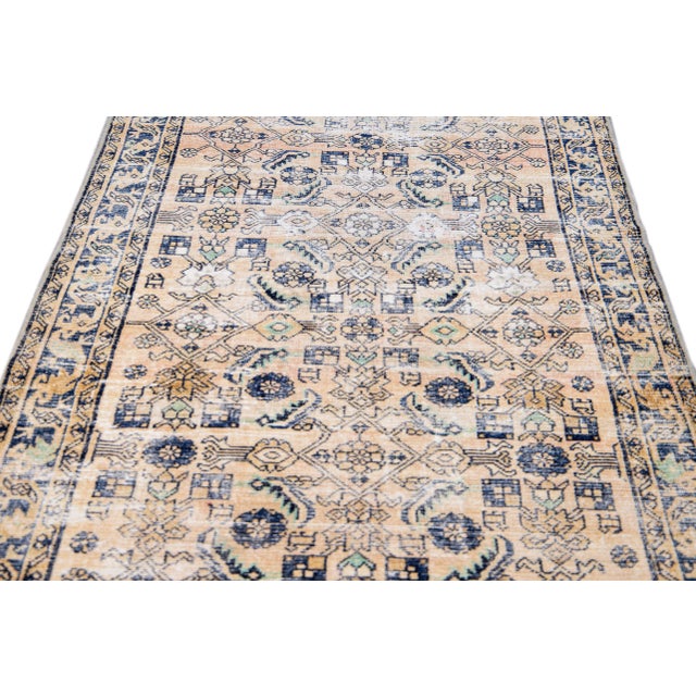 Persian 1960s Vintage Persian Distressed Handmade Allover Geometric Beige Wool Runner For Sale - Image 3 of 7