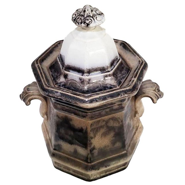 Rare antique Cypress by Davenport lidded sugar bowl, flow mulberry brown white and black transfer ware pattern. It...