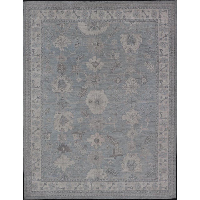 2020s Modern Oushak With Floral and Tribal Motifs With Cream, Gray and Powder Blue For Sale - Image 13 of 13