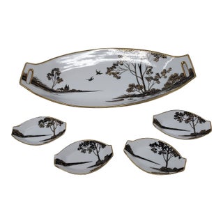 Morimura Nippon Snack Serving Set Black Gold Lake Scene 5 Pieces 1910-20 Japan For Sale