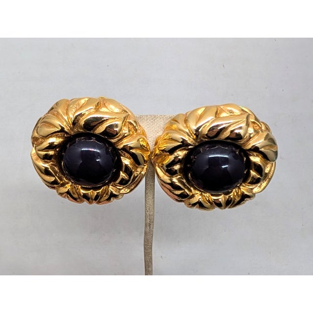 1980s Vintage 1980s Signed Escada Round Goldtone Faux-Onyx Cabochon Clip Earrings-2 Pieces For Sale - Image 5 of 7
