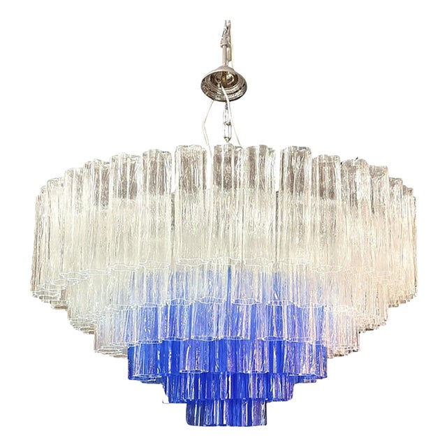 Large Transparent and Blue Tronchi Murano Glass Chandelier by Simoeng For Sale