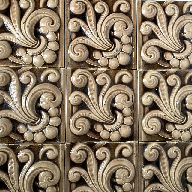 Set of 14 American Encaustic Tiling Co. Brown Majolica Pottery Tiles For Sale - Image 11 of 12