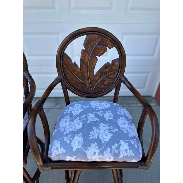2010s Beautiful Rattan Wood Swivel Bar Stools – Carved Palm Tree Back – Set of 2 Tommy Bahama Style For Sale - Image 5 of 7