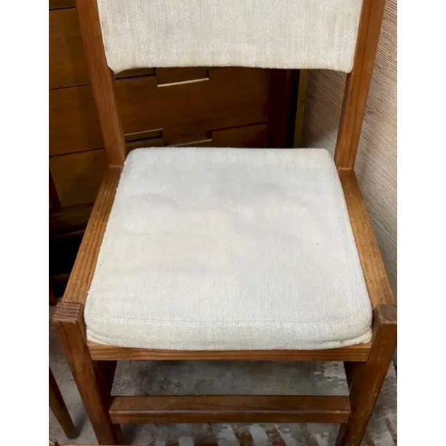 Mid Century Angular Scandinavian D Scan Style Wood Dining Chairs With Thick Linen Upholstery For Sale In New York - Image 6 of 12