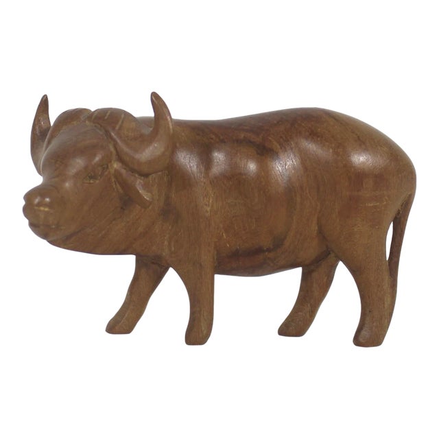 Vintage Carved Water Buffalo Teak Wood Bull Sculpture For Sale