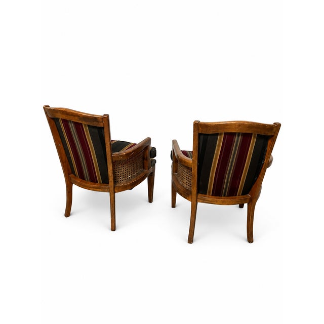 Vintage French Provincial Cane and Striped Upholstered Armchairs — Pair For Sale In Las Vegas - Image 6 of 11