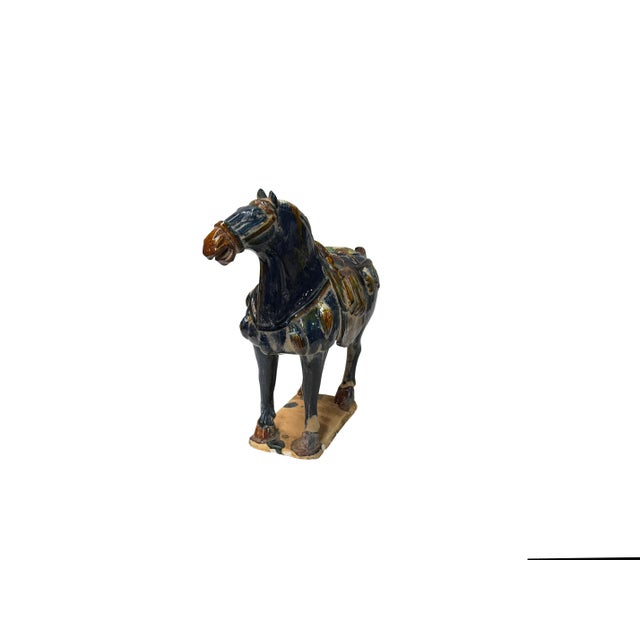 Oriental Ceramic Sancai Dark Blue Brown Beige Fengshui Artistic Horse Figure For Sale - Image 10 of 11