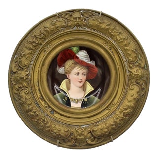 Circa 1870-1900 Porcelain Painted Plaque in Brass Holder, Continental For Sale