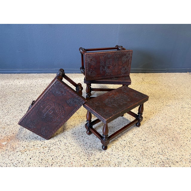 Antique Tooled Leather Top Stools / Tables For Sale - Image 12 of 17