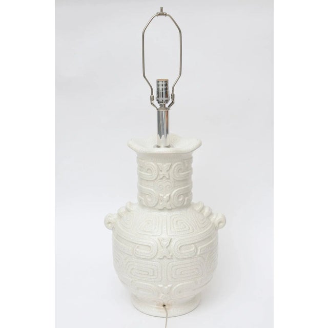 Italian Vintage Crackled Glazed Ceramic Monumental Table or Desk Lamp Aztec Design For Sale - Image 9 of 11