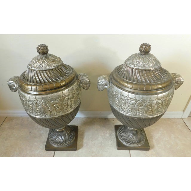 Fabulous pair of vintage Hilda Flack ornate gold and silver resin ram's head statue urns. Amazing pieces! They weigh 50...