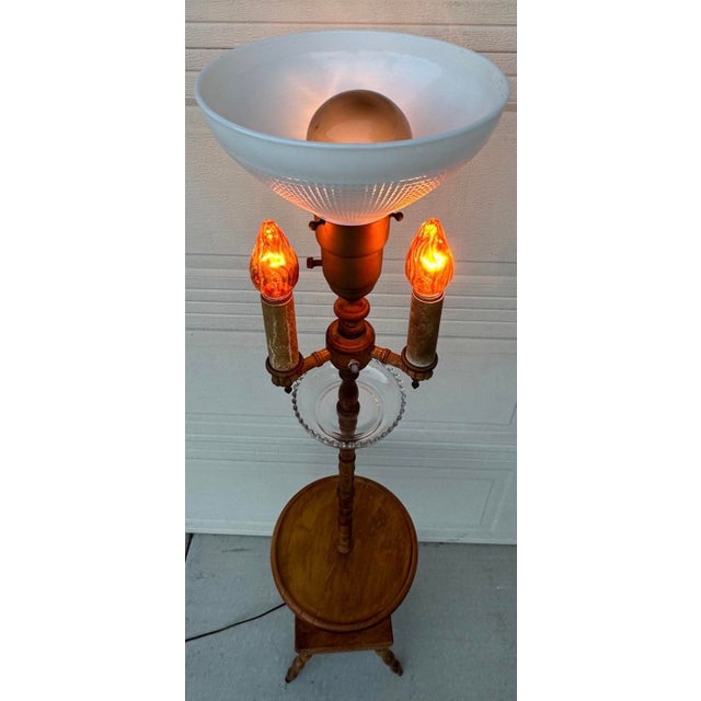 Authentic Antique Maple Floor Lamp With Built-in Table & Glass Gallery Tray 61" For Sale - Image 11 of 16